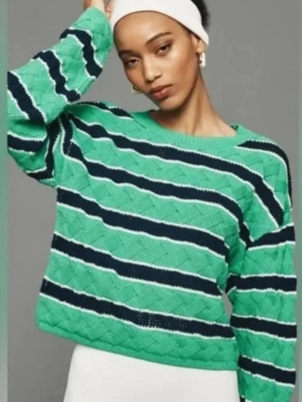 Maeve Green Navy Striped Coastal Nautical Striped Woven Cropped Sweater Large